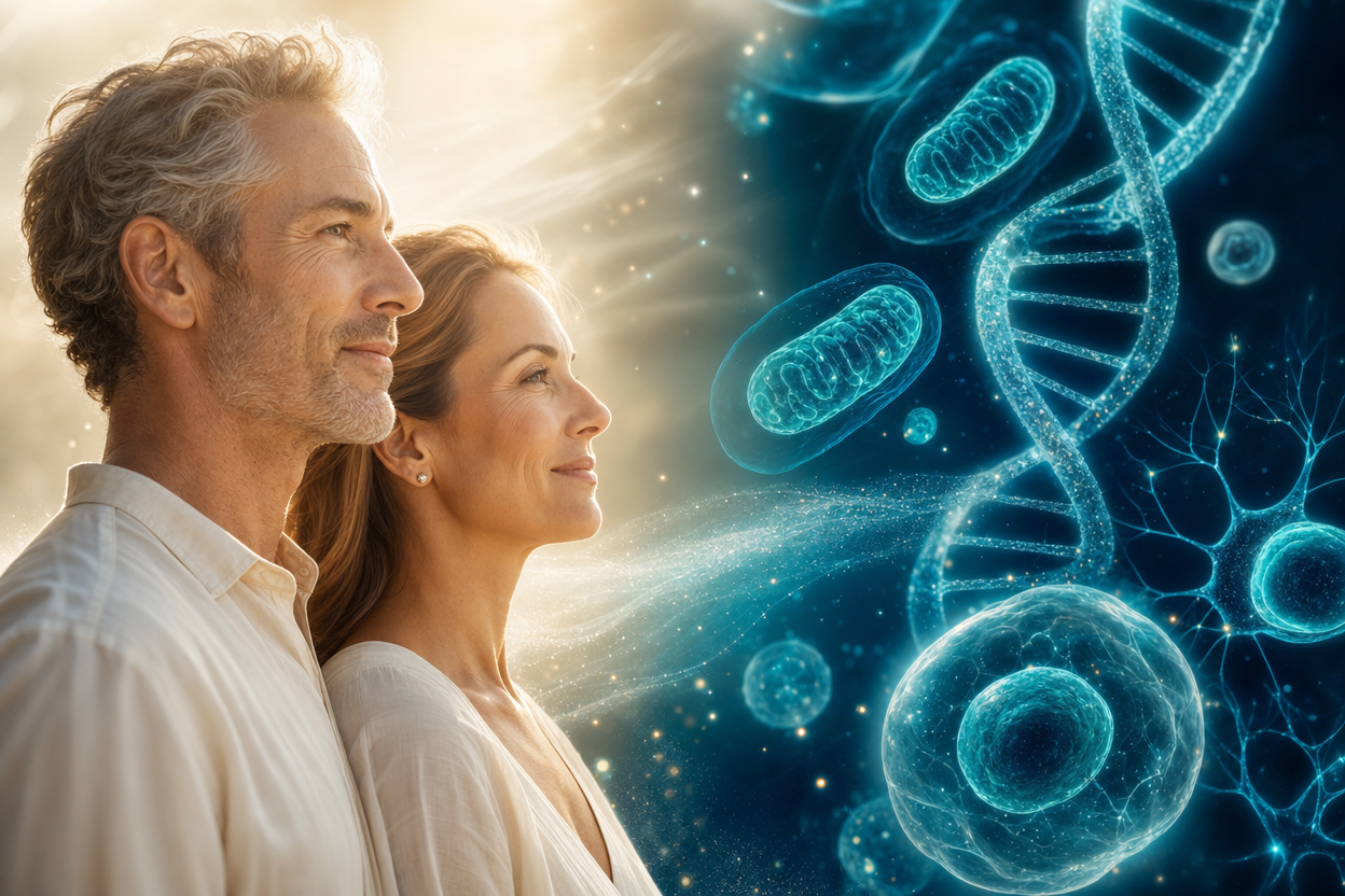 Man and woman with cellular anti-aging science art