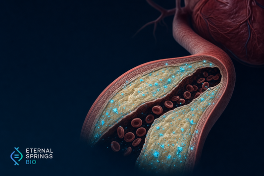 Cross-section of a human carotid artery containing microplastics and nanoplastics embedded in plaque alongside blood cells representing cardiovascular risk