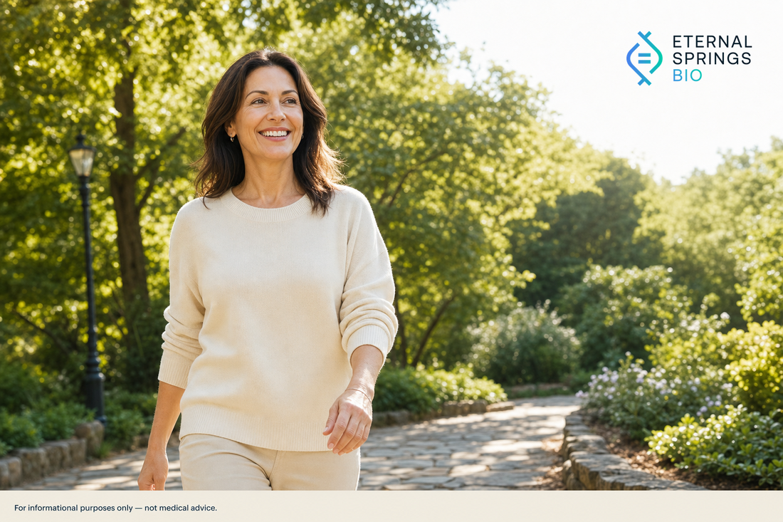 Active woman in her late 40s walking a sunlit stone path in a morning park — warm, natural light, age-positive