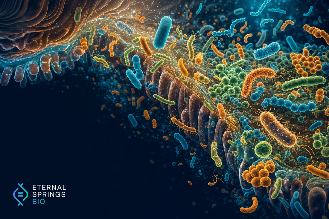 A vibrant illustration of a healthy human gut microbiome ecosystem by Eternal Springs Bio.