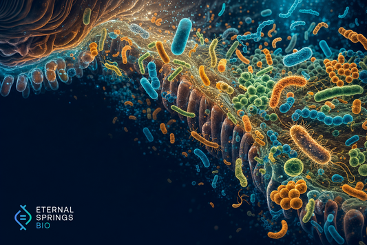 A vibrant illustration of a healthy human gut microbiome ecosystem by Eternal Springs Bio.