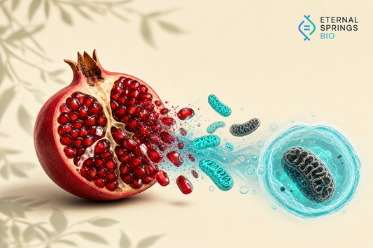 Ruby-red pomegranate with arils transitioning dynamically into double-membraned mitochondria glowing with blue science cyan and vitality teal representing mitophagy activation by Eternal Springs Bio