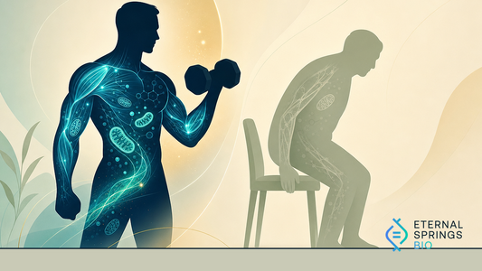 A split-screen editorial illustration — left side shows a strong, active person in their 40s lifting weights, right side shows an older adult struggling to rise from a chair, emphasizing the contrast of aging muscle reserves by Eternal Springs Bio