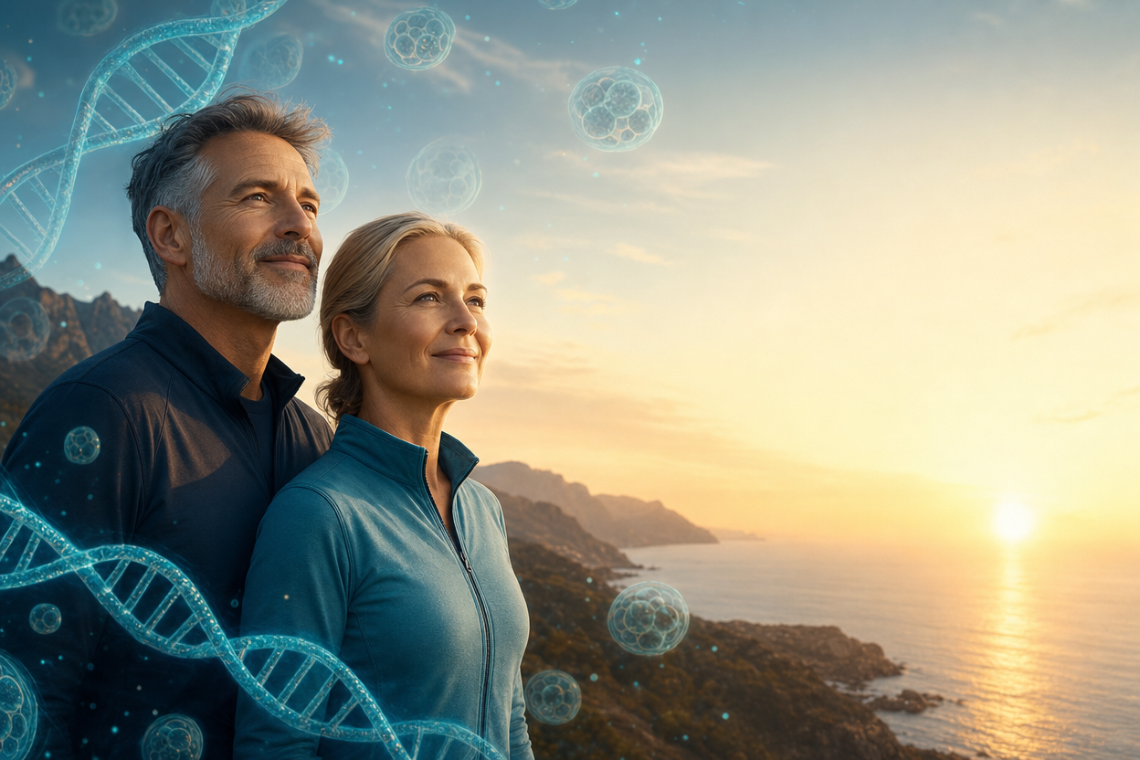 Active couple looking toward the sunrise with cellular DNA art
