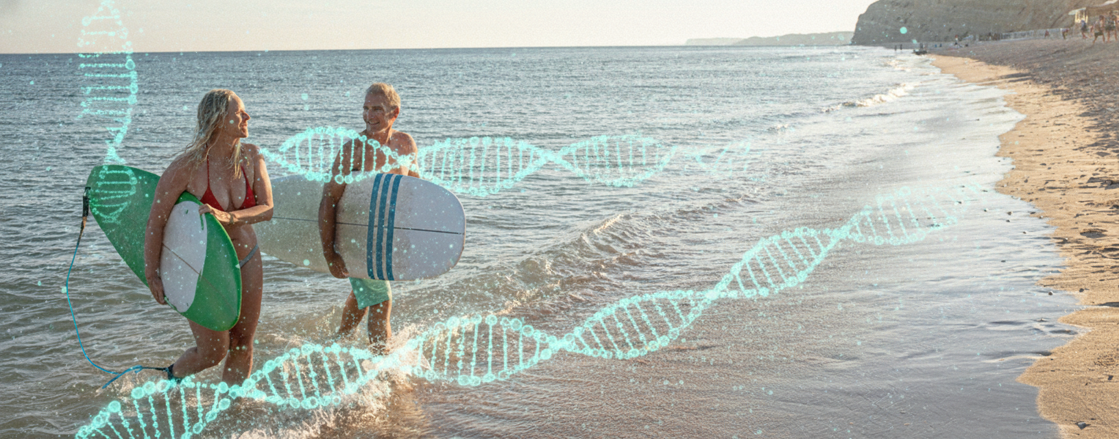 Active couple with surfboards and swirling DNA cellular art